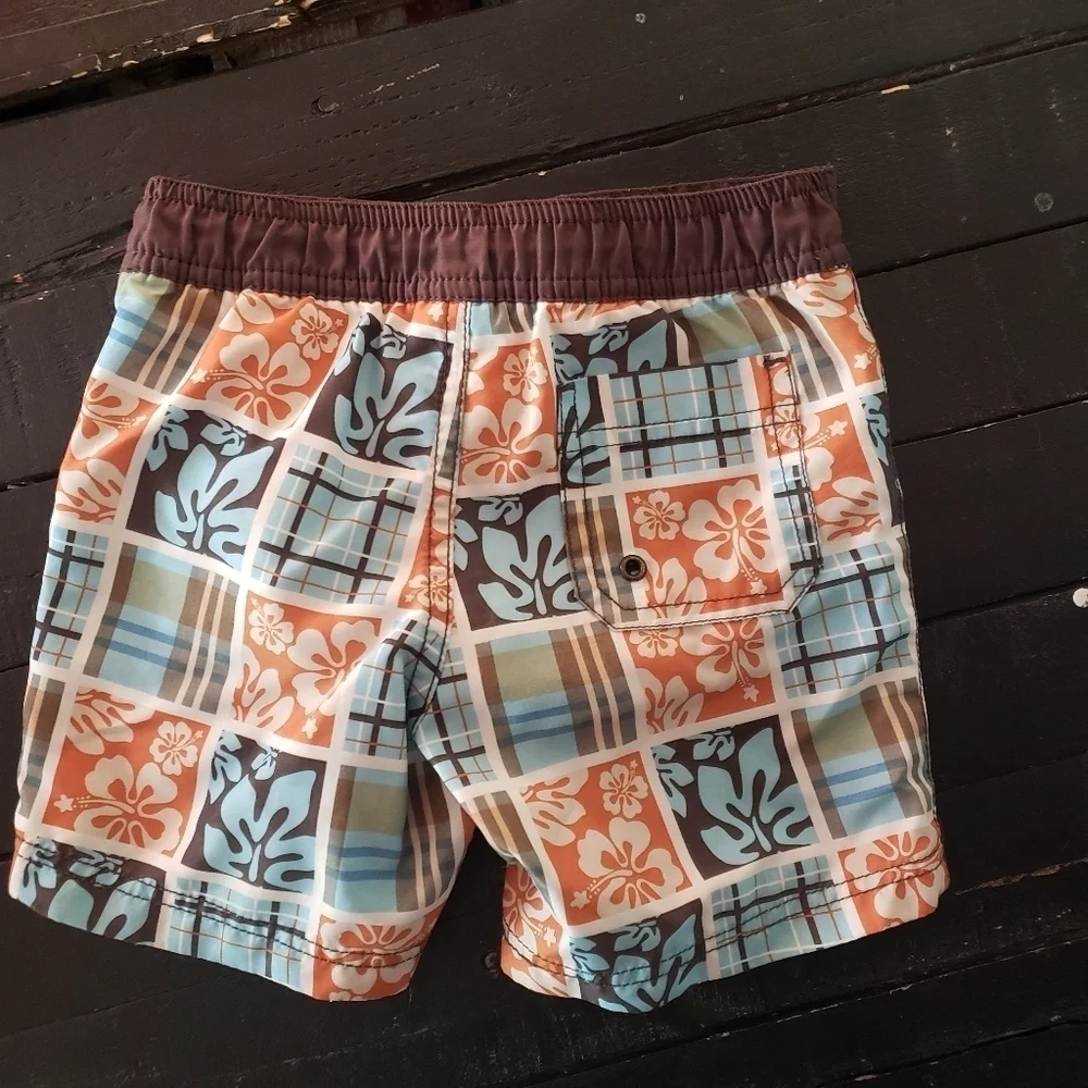 Gymboree Baby Boy 12-18 Months Swim Trunks Brown Orange Blue Plaid Hibiscus